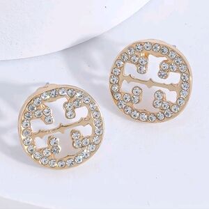 Tory Burch Gold Rhinestone Circle Stud Earrings Minimal Designer Style